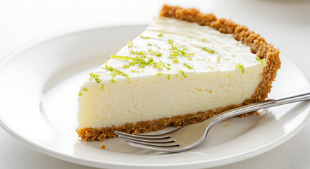A slice of key lime pie with creamy lime filling and graham cracker crust, garnished with lime zest, served with a fork on a white plate, white background