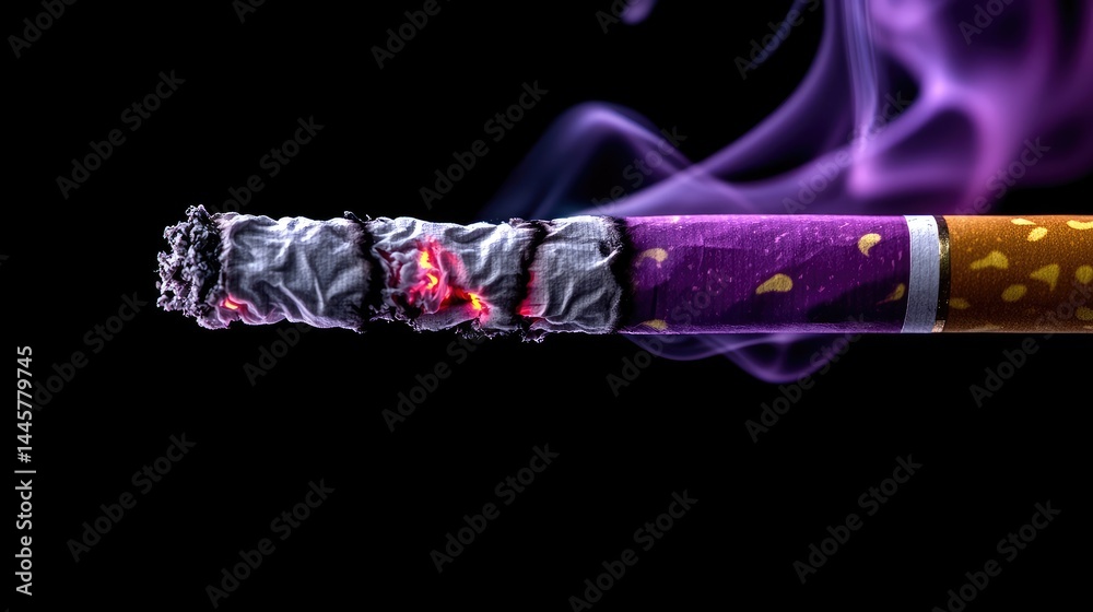 Poster purple smoke curls from a glowing cigarette, forming abstract shapes in the dark, creating a vibrant