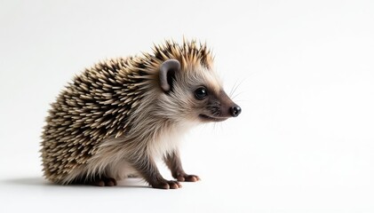 Naklejka premium A solitary hedgehog, facing right, on a stark white backdrop, macro, animal