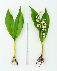 Two stalks of lily of the valley with leaves and roots on a bright white surface, featuring small white flowers and a ruler. The composition highlights the plant's botanical details.