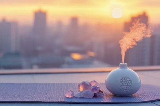 A serene sunrise scene with an aroma diffuser emitting steam, accompanied by amethyst crystals on a yoga mat.