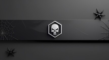 Halloween celebration banner. Dark and mysterious design featuring a skull emblem with spider elements on a sleek surface
