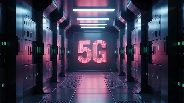 Glowing 5g logo illuminating futuristic server room, representing cutting edge wireless network infrastructure and technological innovation.