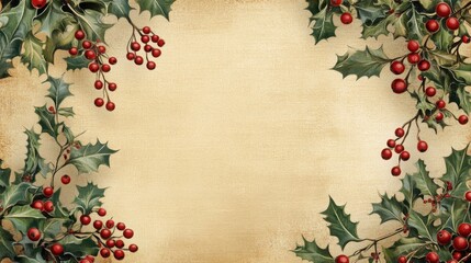 Christmas presentation image with a clean background and a decorative border of holly, berries, and evergreen leaves