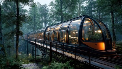 Futuristic Train Journeys Through Lush Forests: Eco-Friendly Transportation in Tranquil Nature