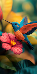 Fototapeta premium Vibrant hummingbird perched on colorful flower, showcasing intricate details and bright colors in lush environment