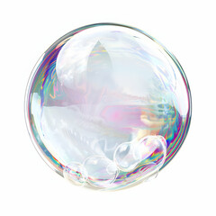 Clear Soap Bubble with Iridescent Reflections on a White Background