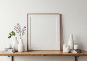 Framed blank print with vases candles and books on a wooden shelf against wall