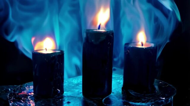 Three candles are lit and are surrounded by smoke