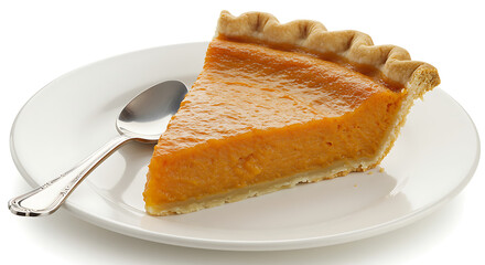 A slice of sweet potato pie with smooth spiced filling, served with a spoon on a white plate, isolated on white