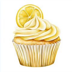 Watercolor cupcake with cream and lemon. Watercolor cupcake with cream. Bakery menu. Cafe poster. Hand-drawn watercolor illustration. Hand-painted watercolor. Delicious beautiful cupcake.