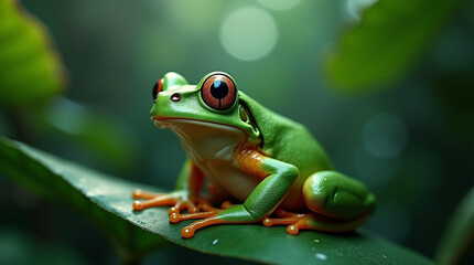 A vibrant and photorealistic image of a redeyed tree frog resting on a green leaf