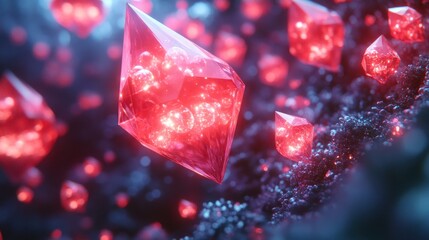 Glowing Red Crystals Floating in a Dark Background with Sparkles and Abstract Dust Particles