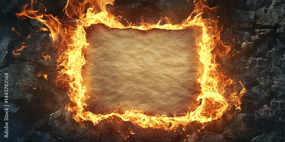 Poster burning frame surrounds beige paper, creating fiery border on dark stone background mockup for text 