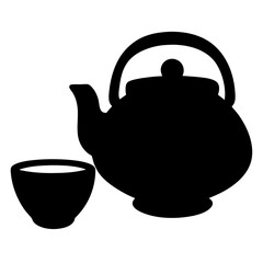 Black silhouette illustration of a teapot pouring into a cup, on white