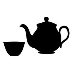 Silhouette of a teapot and teacup standing near each other on white