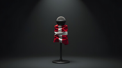 The Denmark flag muzzles a microphone, a striking metaphor for suppressed voices. Dark, dramatic lighting amplifies the somber tone.