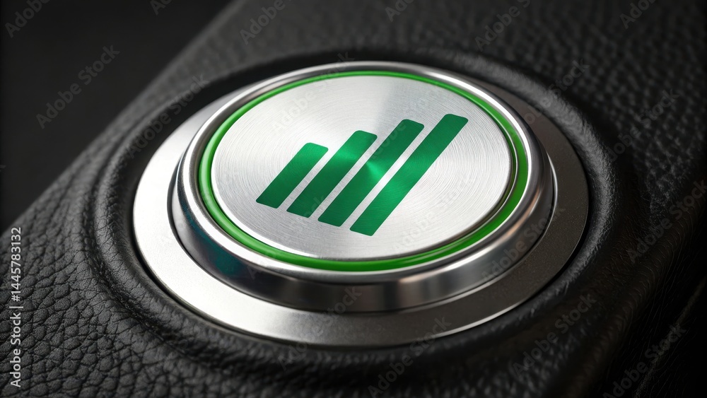 Poster chrome button with digital bar chart icon in green light, symbolizing business analytics and data gr