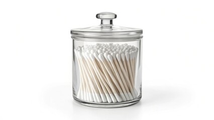 Clear glass jar filled with cotton swabs, showcasing minimalist bathroom storage on white background. clean and organized design evokes simplicity and functionality