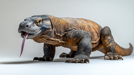 Obraz premium Komodo dragon flicking tongue on white studio background