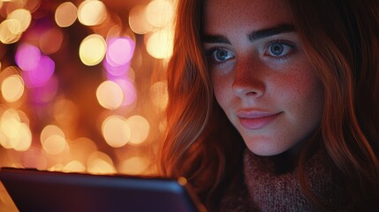 A young woman holds a tablet, her face illuminated by the screen, while blurred, colorful shopping mall lights twinkle around her in the distance.