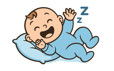 New born baby A cute baby Laughing on a fluffy blue pillow. The baby is wearing cute pajamas. laughing newborn toddler card design Vector Illustration
