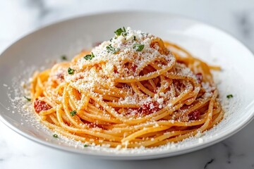 Delicious spaghetti with sun dried tomato sauce parmesan and herbs plated on white dish