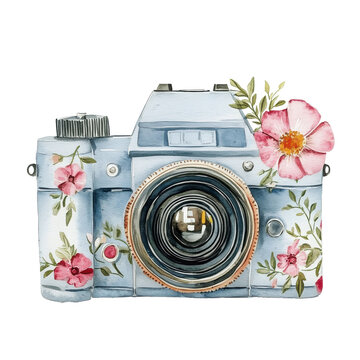 Vintage Floral Camera Watercolor Painting Photography Equipment Artistic DSLR Retro Design