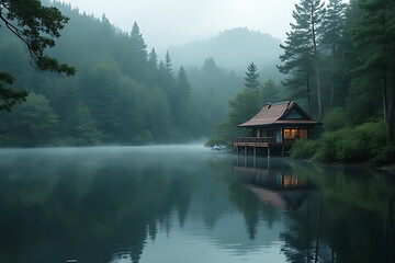 Fototapeta premium Tranquil cabin by a quiet forest pond with a reflection of trees and structure, subtle mist and soft light accents