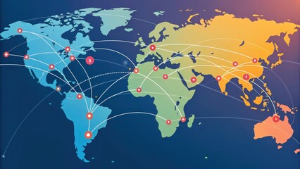 Global map with interconnected dots symbolizing international business networking, showcasing worldwide communication and trade routes. Bright colors highlight continents and connections