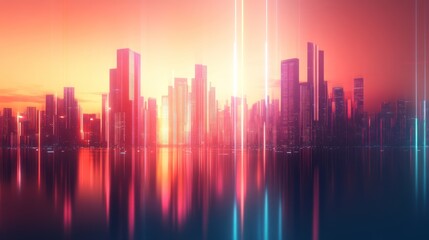 Neon Cityscape at Sunset: A Futuristic Metropolis Reflecting in Still Waters