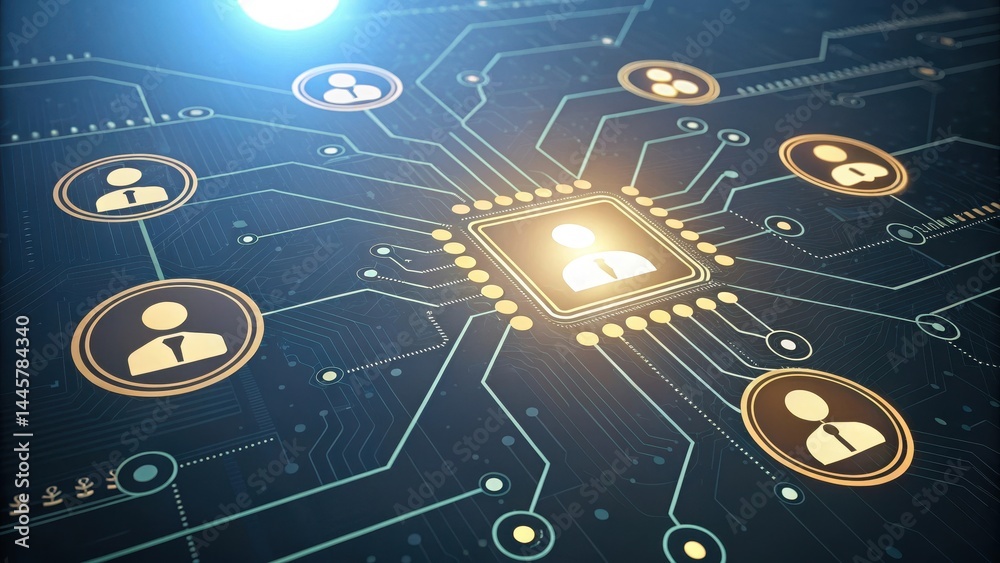Poster glowing circuit board with interconnected people icons at key nodes symbolizes business networking a