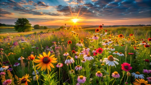 A Midwest prairie full of blooming summer wildflowers bathed in warm light from a setting sun.