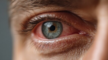 A close-up of a red, irritated eye brings attention to the swelling and irritation surrounding the iris. The details highlight both discomfort and the fragility of human health