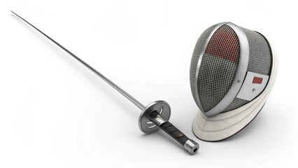 Fencing sword and protective mask are displayed on white background, showcasing sleek design and essential equipment for sport of fencing