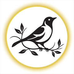 Bird Sitting on Branch Vector Illustration,Simple Line Art Bird on Tree Branch,Minimalist Bird Drawing Perched on Branch,Black and White Bird Silhouette Vector,Elegant Bird Outline with Leaves Design