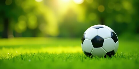Fototapeta premium Soccer ball placed on a verdant meadow with soft focus and gentle lighting, landscape, soft focus, natural setting