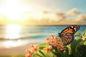 A monarch butterfly rests on vibrant orange flowers at sunset, overlooking a tranquil ocean.