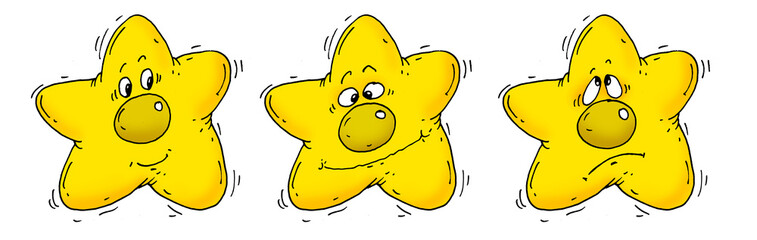  Set of yellow cartoon-style stars, facial expression happy, neutral, sad. Educational materials, feedback systems, emotion charts, children&rsquo;s books, school posters, behavior tracking tools, learning 