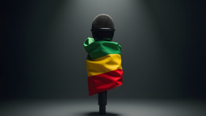Ethiopia’s flag tightly wraps a microphone, embodying suppressed voices. Dark, moody lighting enhances the somber tone.