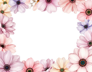 Fototapeta premium Watercolor, beautiful pastel Anemone bouquet frame for card, wedding, decoration, border. 