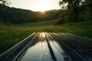 Sunset over a grassy field, reflected on a dark, ribbed surface.