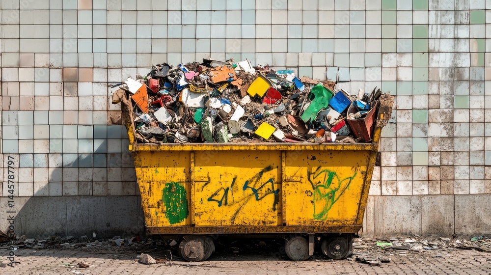 Poster industrial skip showing a variety of waste materials from a demolition site, with a clearly visible 
