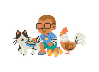Children taking care of family pet, kids, doing chores. Illustration of little boy kneeling on the floor with a smile, feeding his cat and chickens, vector isolated on white background