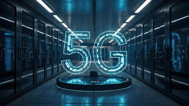 Luminous 5g hologram highlighting cutting edge server infrastructure, representing advanced network connectivity and digital transformation.