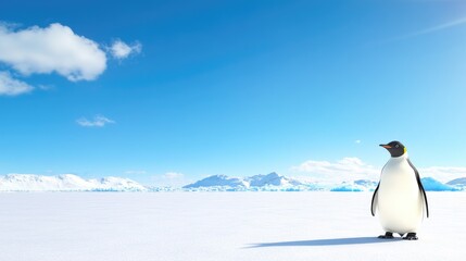 Fototapeta premium A lone penguin stands on a vast expanse of snow-covered landscape under a clear blue sky