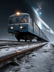Obraz premium A train traveling on invisible tracks across a cosmic landscape sci-fi scene