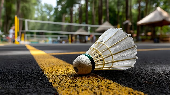 Shuttercock on Court with Badminton Net in Forest Park During Summer Day