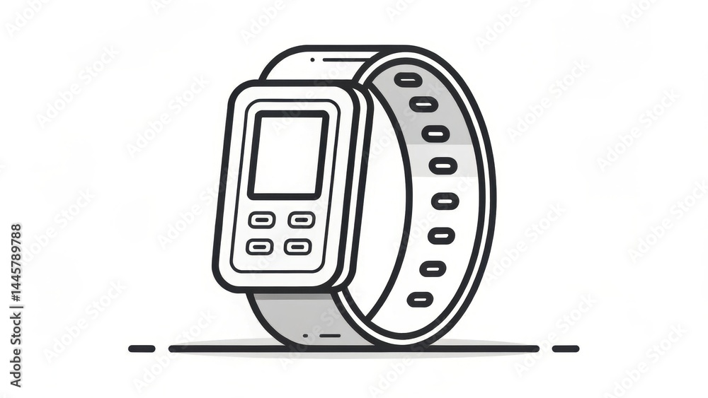 Poster sleek black line illustration of fitness tracker with rectangular screen and buttons, attached to ad