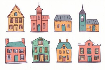 Naklejka premium Bright and creative illustrations of educational and communal structures.